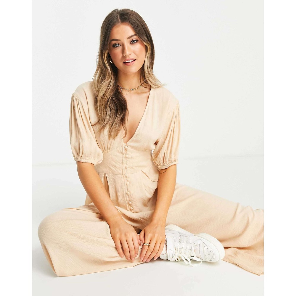 New! ASOS Women's Crinkle Tea Wide Leg Jumpsuit with Puff Sleeves in Stone Sz 12